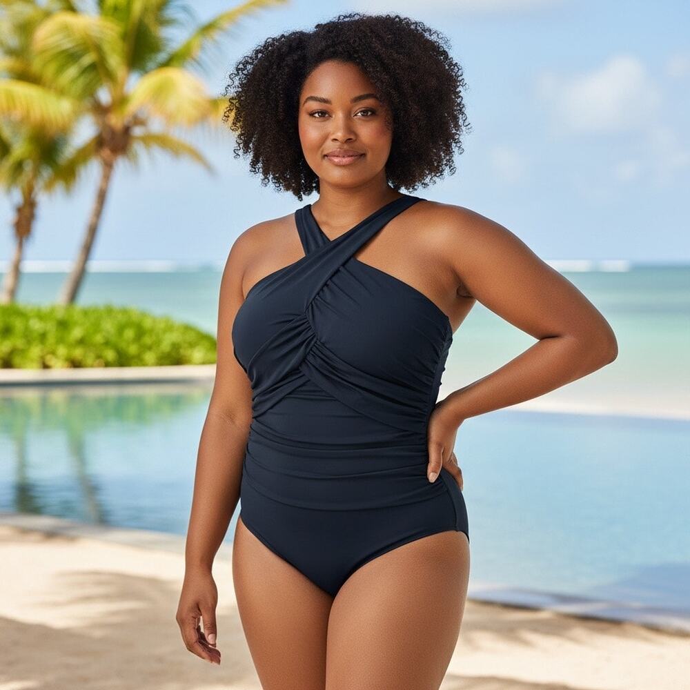 Swimsuits for All High Neck Wrap One Piece Swimsuit Solid Black 20 Plus Size